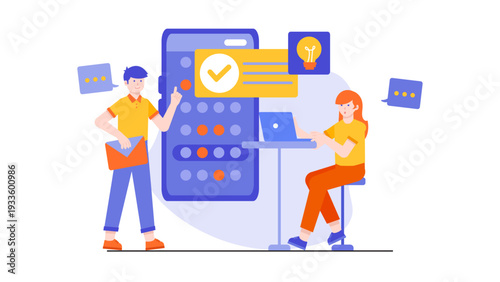 Creative designers collaborating on usability test results using a stylized mobile app interface and mail icons
