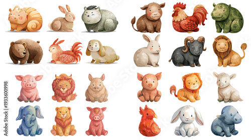 Cute plush toy animal character set in soft cartoon style, adorable baby animals arranged in rows, isolated on white background for nursery design and stickers