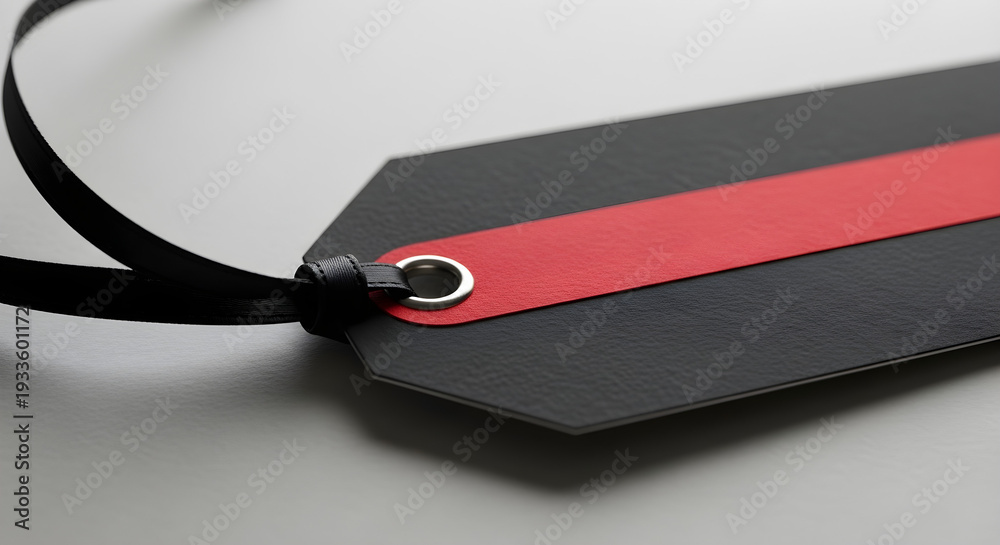Obraz premium Black leather luggage tag with red stripe and black ribbon