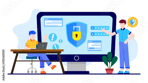 Tech experts securing computer systems with patches and locks