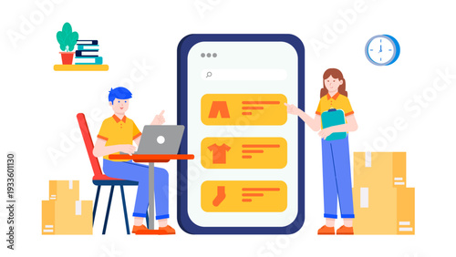 Retail manager checking clothing stock levels using a mobile app