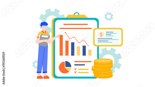 Financial professional analyzing data on a large clipboard report