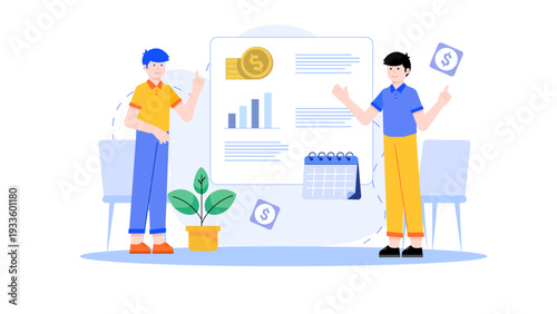 Financial professionals analyzing budget charts and monetary documents to reconcile monthly business accounting statements