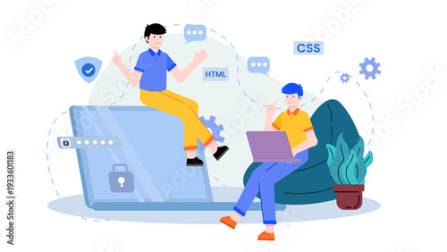 IT professionals working on a large laptop screen with security locks and code bubbles to implement software security patches