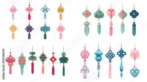 Colorful Chinese New Year hanging knot ornament set with tassels and decorative charms, traditional paper decorations isolated on white background for festive design