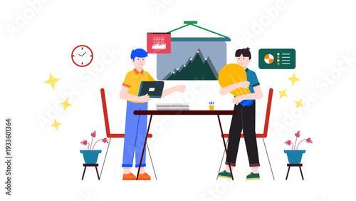 Two professional colleagues discussing a new project idea represented by a large lightbulb icon over an office desk