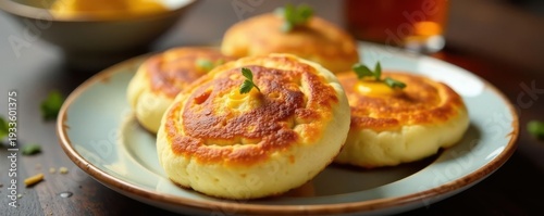 Fluffy blinis, slightly browned edges, appetizing detail, food photography, round