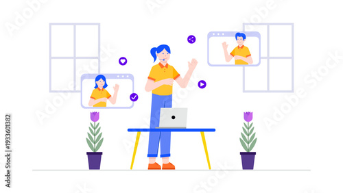 A customer support agent wearing a headset manages multiple video chat requests to resolve client issues