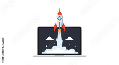 A sleek white and red rocket is dynamically launching upwards from the dark screen of a modern silver laptop, emitting a dense cloud of white smoke and small stars.
