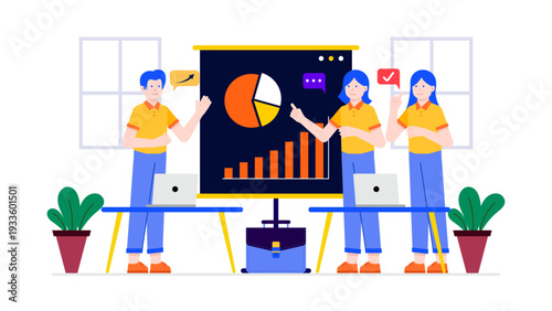 A collaborative group of business professionals works together in a modern office with data charts