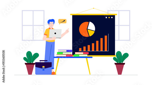A professional businessman analyzes growth statistics and pie charts on a presentation board in the office