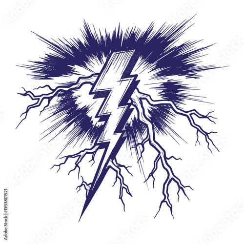 Lightning bolt graphic with electric shock waves and branches isolated on white background