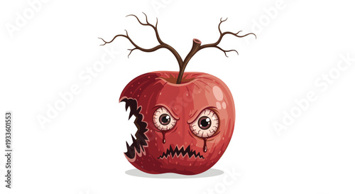 A menacing red zombie apple, characterized by a large bite, bloodshot eyes, sharp teeth, and gnarled bare branches, is prominently displayed against a clean white background.