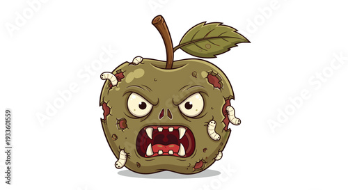 A grotesque green zombie apple, riddled with decay, a large bite, and crawling white worms, displays angry bulging eyes and a snarling mouth on a pristine white background.