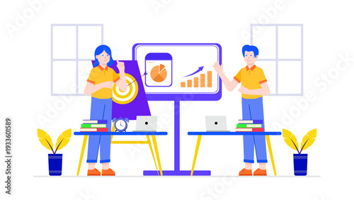 Entrepreneurs presenting a startup business plan with growth charts and targets