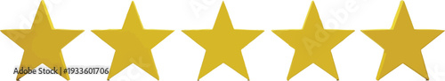 Five shiny yellow star rating icons on gray surface