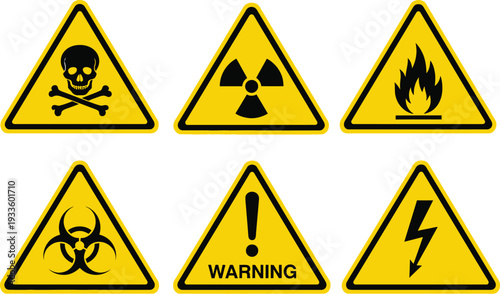 Set of six triangular warning signs with different symbols