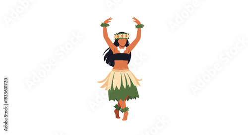 A stylized flat-design illustration shows a dark-haired woman in a black top and layered grass skirt dancing with raised arms on a white background.