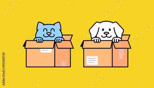 Adorable cartoon cat and dog peeking out of open cardboard boxes on a bright background. Flat colorful illustration perfect for pet adoption, moving house, delivery service