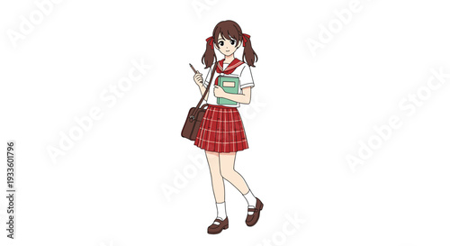 An anime-style illustration depicts a young schoolgirl with brown pigtails, wearing a red plaid skirt and white shirt, holding a book and pencil.