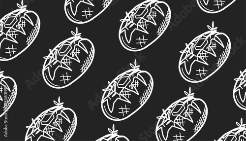 ​Baked potato seamless pattern. Roasted vegetable vector illustration. Hand drawn food background. Minimalist sketch line art. Flat colorful culinary design. Repeating potato textile wallpaper.