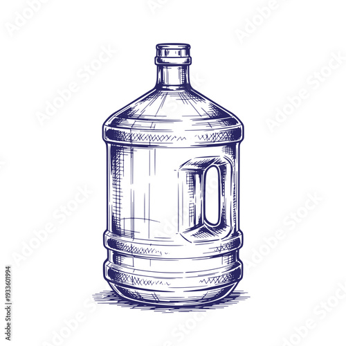 sketch of a large plastic water bottle with handle and screw on cap isolated on white background