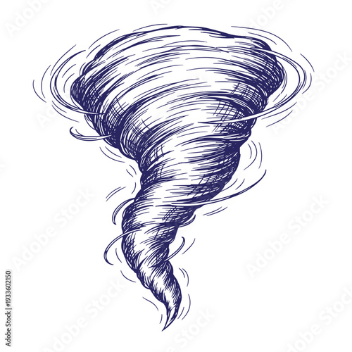 Sketch of a swirling tornado with dynamic lines and motion blur isolated on white background