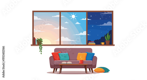 A cozy living room illustration features a purple sofa with colorful cushions and a coffee table, beneath a large window showing three distinct times of day.