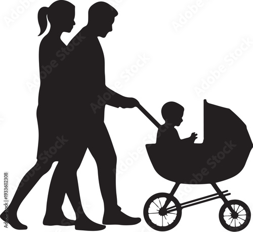 Black silhouette of couple walking with baby stroller