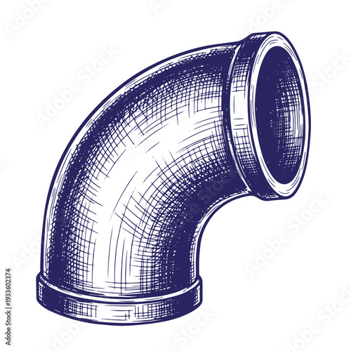 Sketchy illustration of a curved metal pipe elbow fitting with flanges on both ends  industrial plumbing component