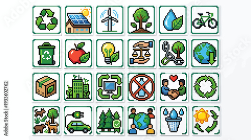 Collection of Pixel Art Icons Representing Environmental Conservation and Sustainability Concepts