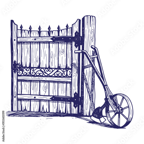 Vintage wooden gate with a wheelbarrow leaning on it  old rustic fence with metal hardware and a wheelbarrow  isolated on white background