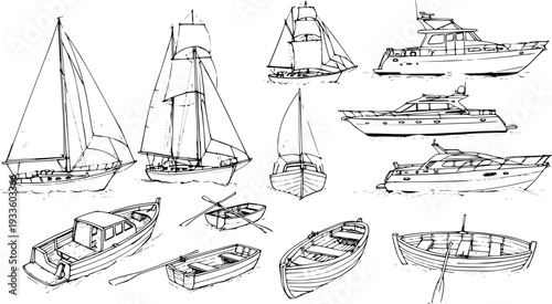 Diverse Boats Line Art: Sailboats, Yachts, Rowboats  Motorboats Black  White Illustration