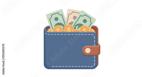 An illustration of a blue wallet filled with cash and coins labeled.