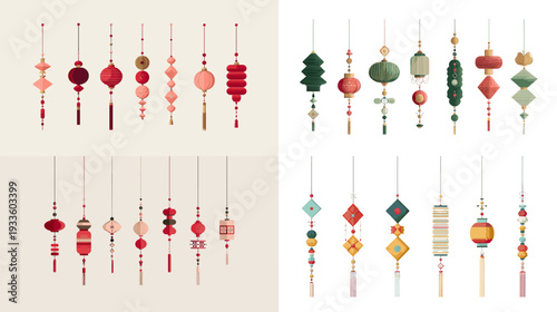 Chinese New Year hanging lantern and ornament set with tassels and beads, red and gold festival decorations arranged in rows, isolated on white background for holiday design