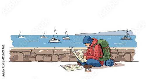 An illustrated male backpacker in a red jacket and blue beanie sits on a stone wall by the sea, studying a map with boats in the background.