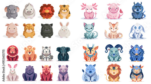 Cute cartoon animal character collection with fluffy mascots in colorful costume style, arranged in a grid and isolated on white background for kids stickers and branding