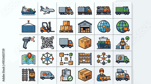 A comprehensive collection of logistics and transportation icons featuring vehicles, packaging, and tracking elements