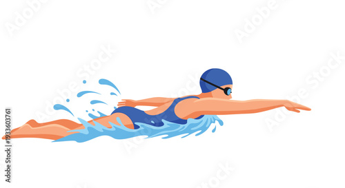 An illustrated female swimmer in a bright blue swimsuit and cap performs the freestyle stroke with one arm extended, creating water ripples against a white background.