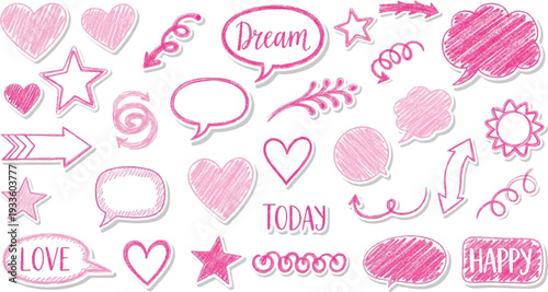 A charming collection of pink hand-drawn doodles and stickers featuring hearts, stars, arrows, and speech bubbles with inspirational text like "Love" and "Dream."