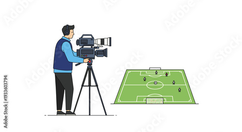 An illustrated cameraman in a blue vest operates a video camera on a tripod, filming a miniature green soccer field with player figures against a white background.