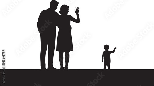 Black silhouette of family with one man one woman and one child waving at each other