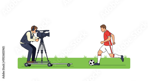 An illustrated cameraman in a brown vest and headphones on a dolly films a soccer player in a red jersey running with a black and white ball on a vibrant green grassy strip.