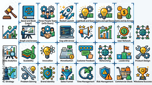 A comprehensive pixel-art icon pack detailing crucial elements for business development, financial growth, effective management, and achieving market leadership and success