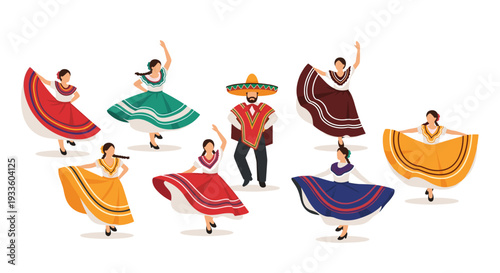 Eight individuals, including seven women and one man, are gracefully performing traditional Mexican folk dances in vibrant, flowing costumes on a light background.