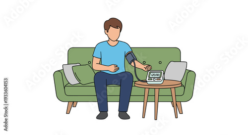 A man wearing a blue t-shirt is calmly seated on a green sofa, measuring his blood pressure with a monitor on a small wooden side table.