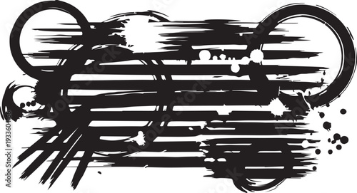 A complex arrangement of black geometric elements featuring concentric rings, horizontal speed streaks, and ink splatters on a white background for an edgy, technical aesthetic.