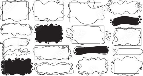 A playful set of hand-drawn abstract borders featuring liquid blobs, wavy lines, and organic shapes in both solid black and minimalist outlines.