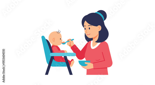 A smiling mother in a pink top is gently spoon-feeding a baby dressed in red, seated in a light blue high chair.