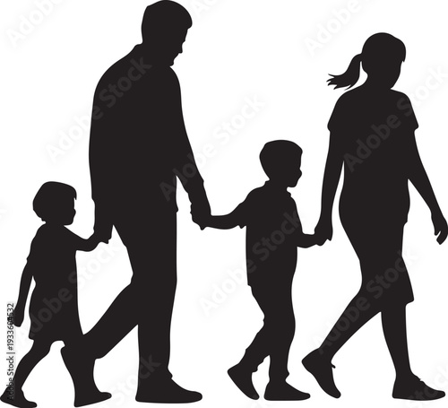 Black silhouette of family with two children walking hand in hand